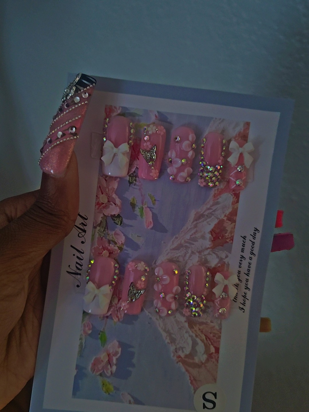 Pink 3D Floral & Rhinestone Press-On Nail Set - Size Small
